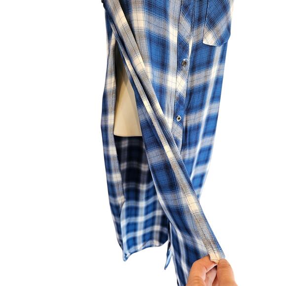 Rails Jordyn Tunic Top Open Sides blue teal plaid  Check XS EUC button front - Picture 5 of 10